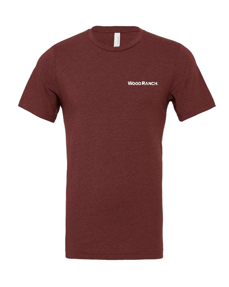 About the product. Frontside of cardinal red jersey style garment. White Wood Ranch logo on the pocket side.