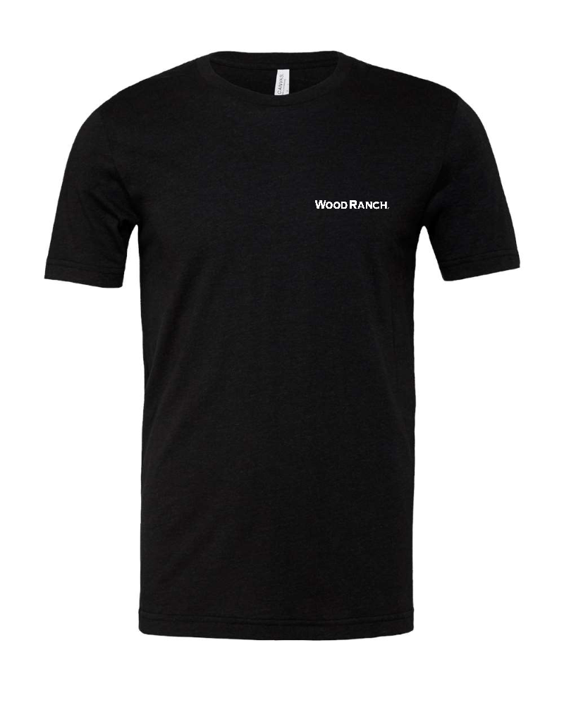 About the product. Frontside of black jersey style garment. White Wood Ranch logo on the pocket side.