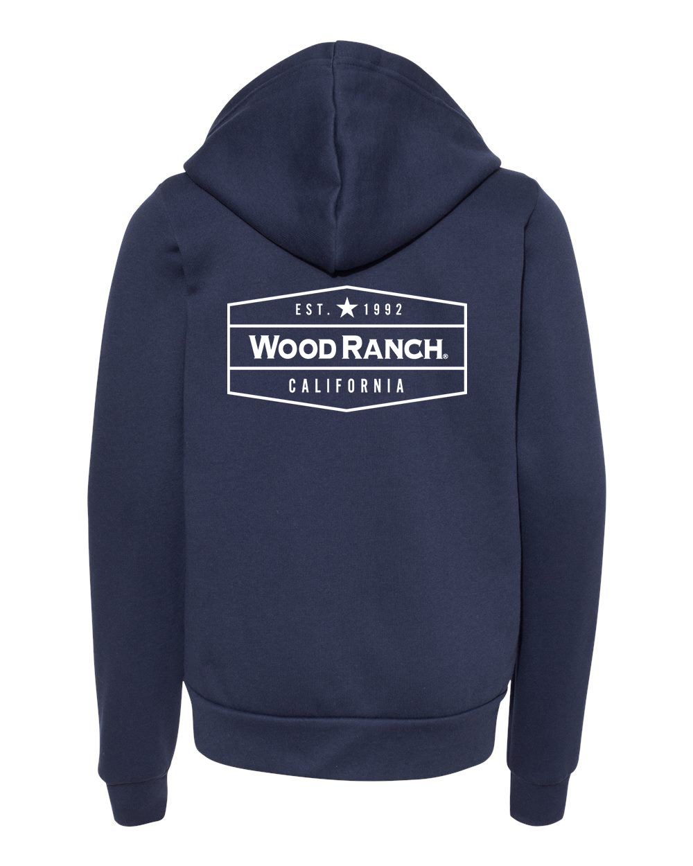 About the product. Backside of navy blue zipper hoodie style garment. White Wood Ranch emblem logo in the center. This is a youth size.
