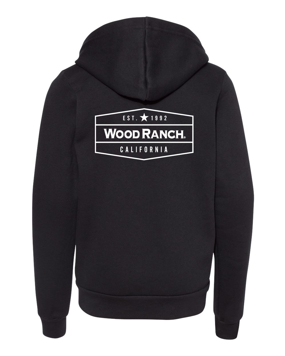 About the product. Backside of black zipper hoodie style garment. White Wood Ranch emblem logo in the center. This is a youth size.