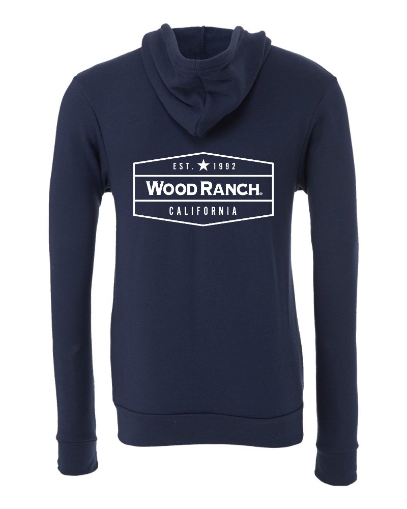 About the product. Backside of navy blue zipper hoodie style garment. White Wood Ranch emblem logo in the center. 