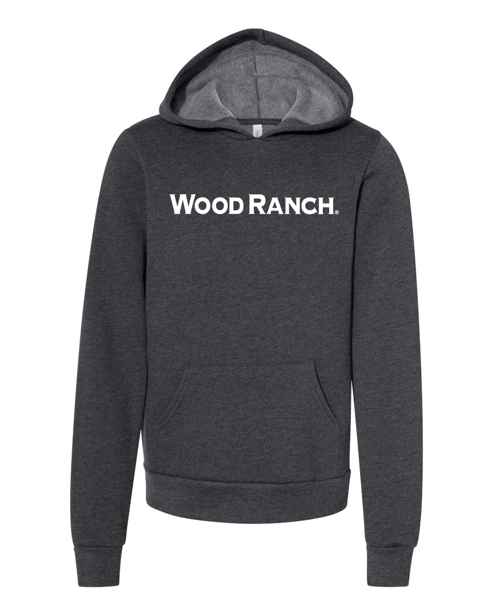 About the product. Frontside of dark grey pullover hoodie style garment. White Wood Ranch logo in the center. This is a youth size.