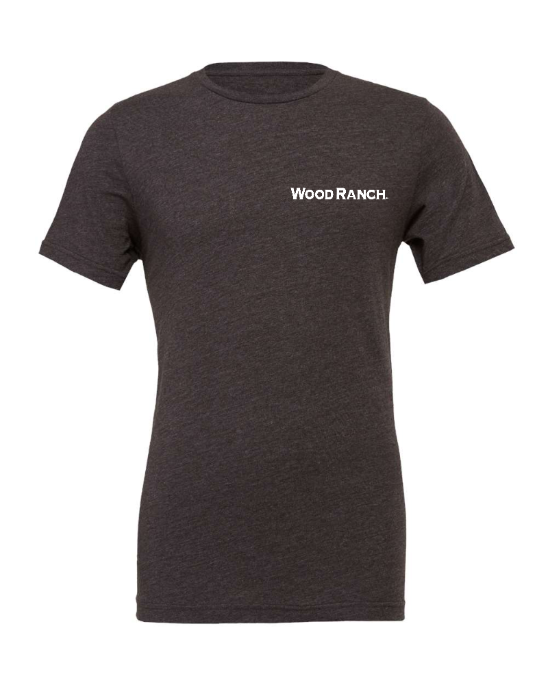 About the product. Frontside of dark grey jersey style garment. White Wood Ranch logo on the pocket side. 