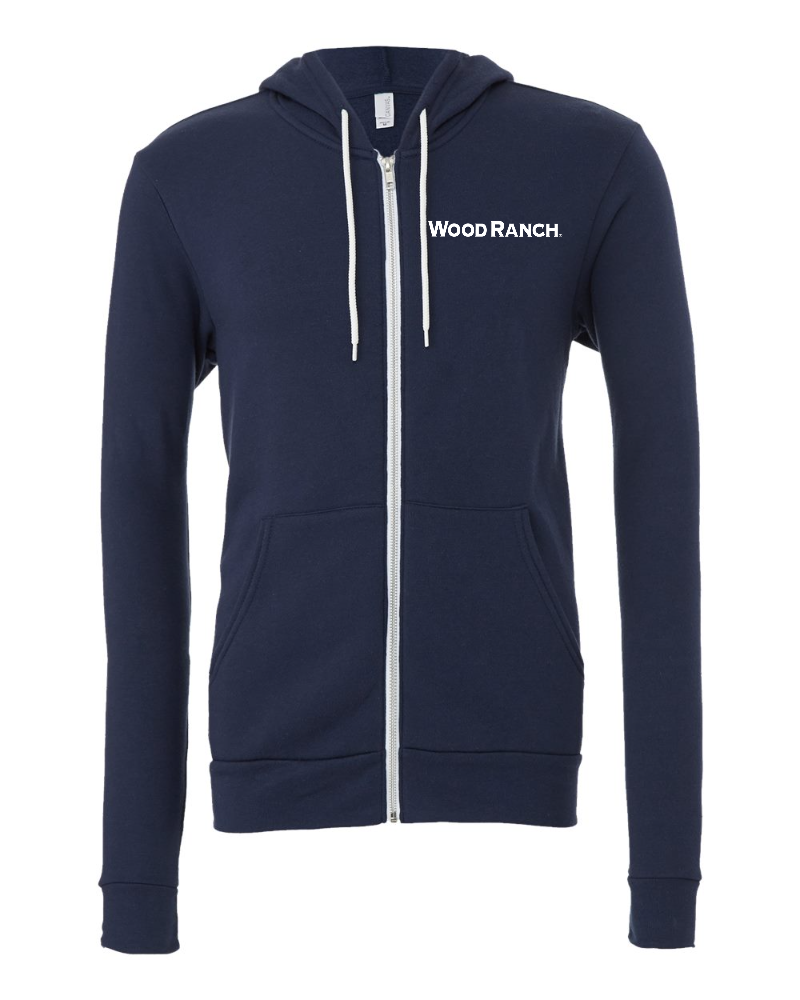 About the product. Frontside of navy blue zipper hoodie style garment. White Wood Ranch logo on the pocket side. 