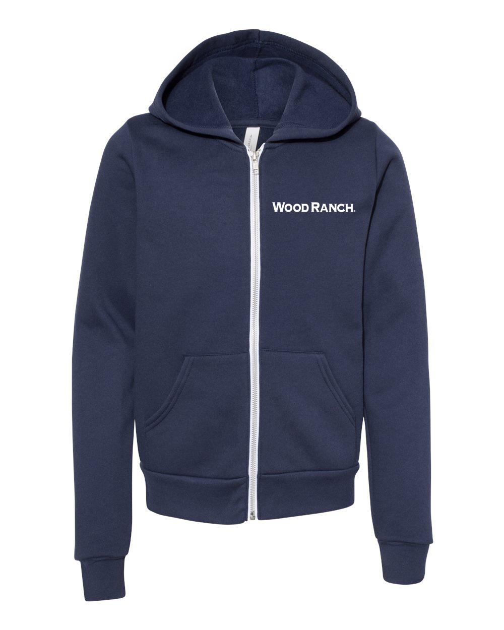 About the product. Frontside of navy blue zipper hoodie style garment. White Wood Ranch logo on the pocket side. This is a youth size.